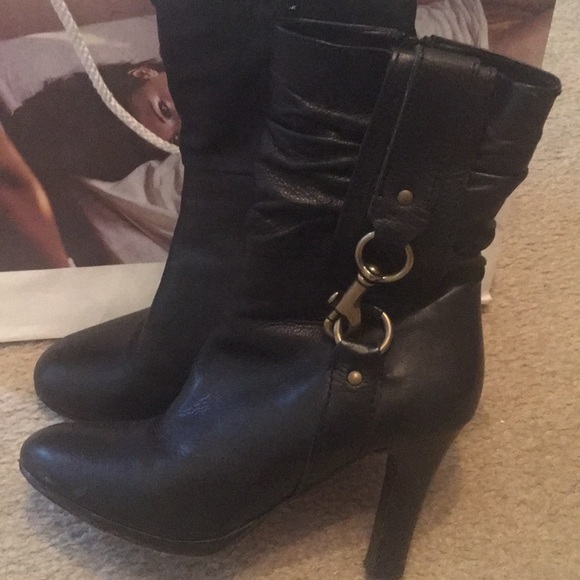 Coach Brass Buckle Black Leather Ankle Boots - Picture 2 of 5